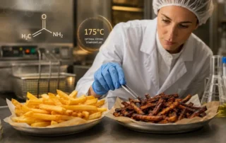 Inspectora alimentaria comparando patatas fritas doradas y quemadas para ilustrar la formación de acrilamida por encima de 175 ºC