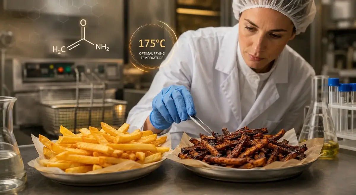 Inspectora alimentaria comparando patatas fritas doradas y quemadas para ilustrar la formación de acrilamida por encima de 175 ºC