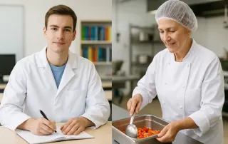 dos profesionales de la industria alimentaria representando la formación reglada y no reglada en seguridad alimentaria