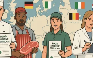Mapa de Europa con trabajadores del sector alimentario y certificados de formación en seguridad alimentaria