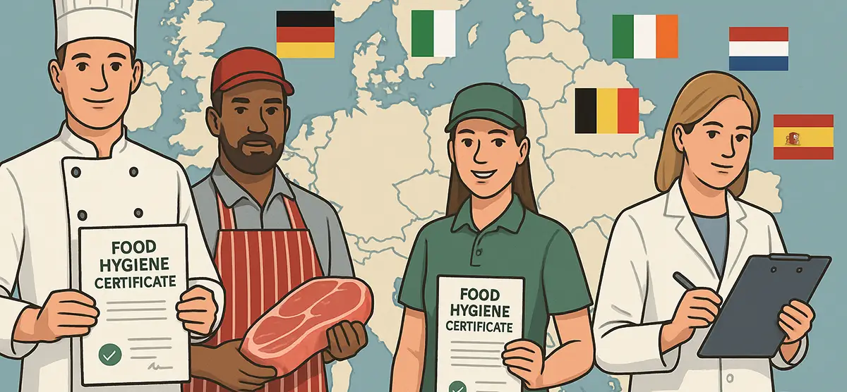 Mapa de Europa con trabajadores del sector alimentario y certificados de formación en seguridad alimentaria