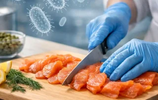 Manipulador de alimentos cortando salmón ahumado con guantes, rodeado de elementos frescos y bacterias ilustradas de Listeria
