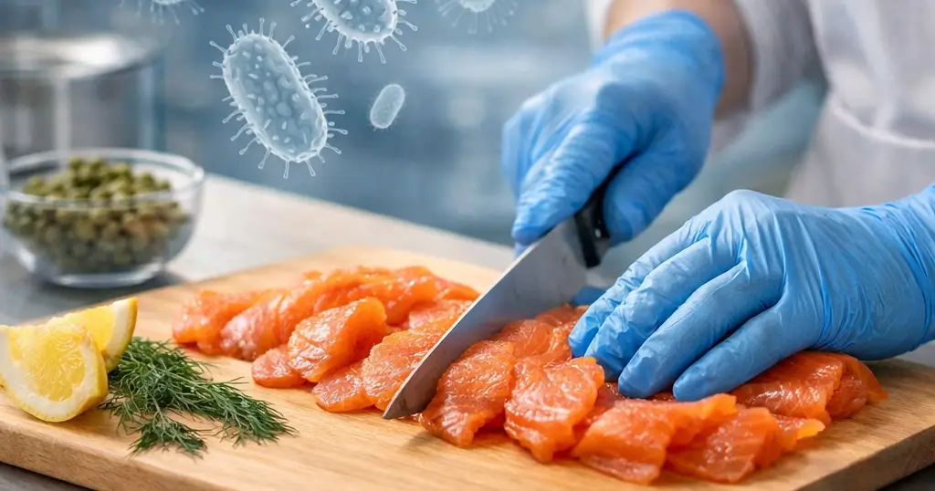 Manipulador de alimentos cortando salmón ahumado con guantes, rodeado de elementos frescos y bacterias ilustradas de Listeria