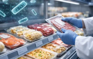 Manipulador de alimentos revisando comidas listas para consumir en un expositor refrigerado para prevenir la listeriosis.