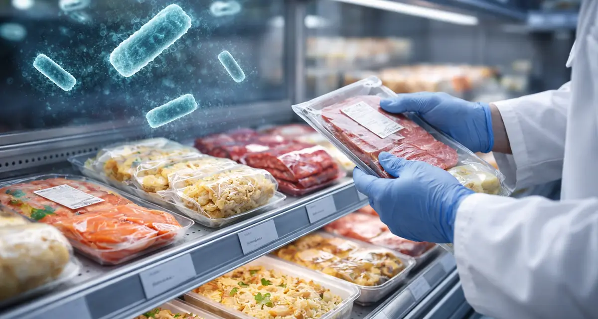 Manipulador de alimentos revisando comidas listas para consumir en un expositor refrigerado para prevenir la listeriosis.
