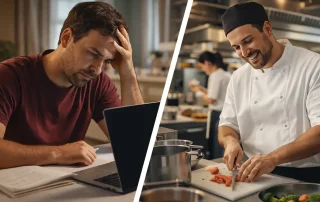Hombre buscando trabajo en casa frente a ordenador y el mismo hombre trabajando como cocinero en una cocina profesional, representando el paso del desempleo al empleo en hostelería
