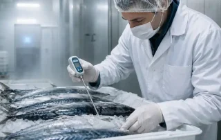 Inspector veterinario controlando temperatura de atún en cámara frigorífica para prevenir histamina