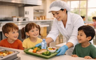 Manipulador de alimentos con uniforme y cofia sirviendo comida en comedor escolar