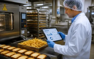 Inspector sanitario revisando el control de acrilamida en pan y patatas fritas en una empresa alimentaria