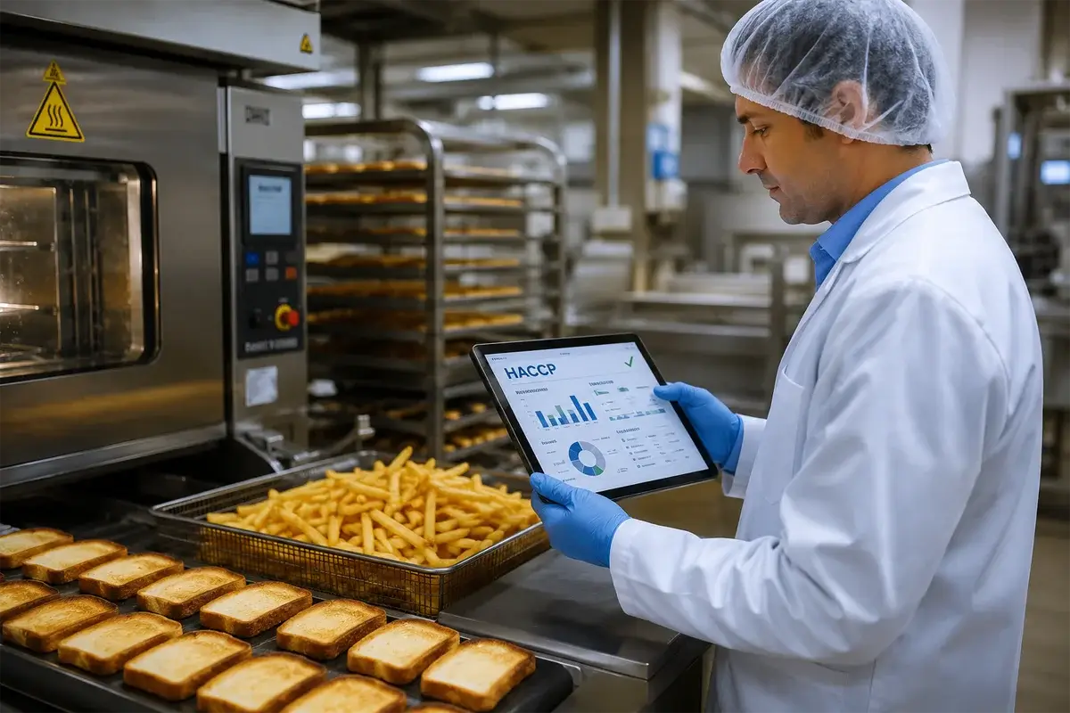 acrilamida-obligaciones-empresas-alimentarias-inspeccion-sanitaria Inspector sanitario revisando el control de acrilamida en pan y patatas fritas en una empresa alimentaria