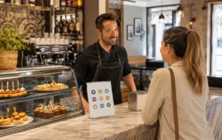 Cafetería española con cartel informativo de alérgenos en mostrador
