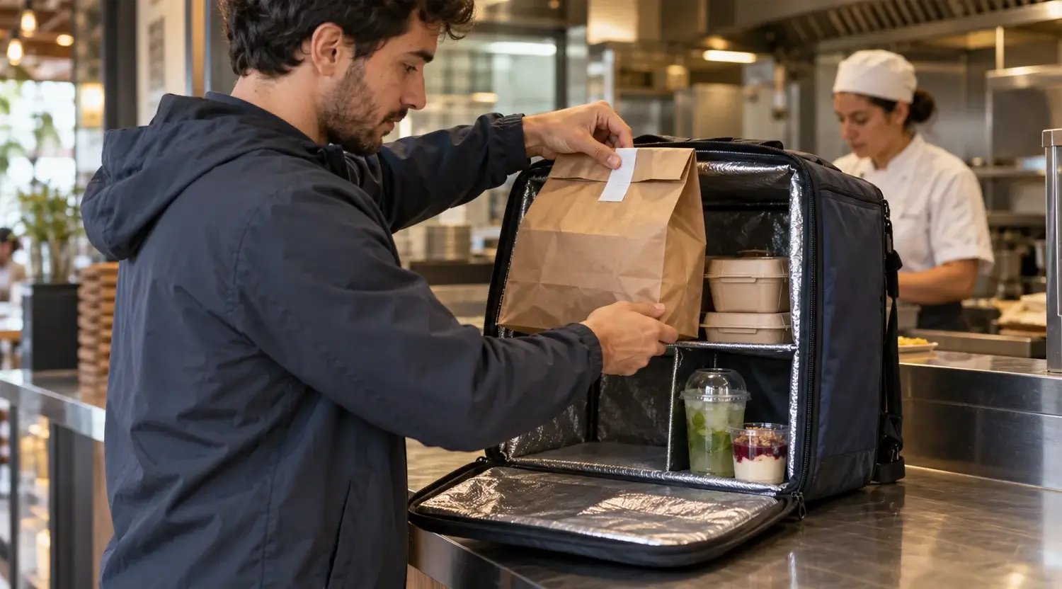 Repartidor guardando un pedido precintado en una mochila térmica limpia, con la comida caliente y la fría separadas, en el mostrador de un restaurante