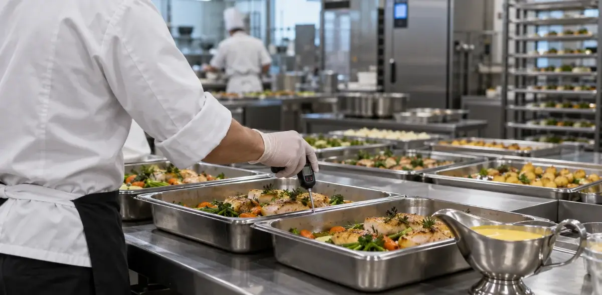 control-temperatura-banquete-seguridad-alimentaria Cocinero midiendo con un termómetro de sonda la temperatura de las raciones de un banquete en una cocina de hotel